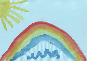 Image showing Childrens drawing - a rainbow and the sun