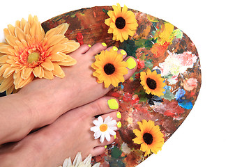 Image showing women feets and flowers (pedicure tbackground)