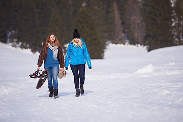 Image showing female friends in beautiful winter day have relaxed walk on snow