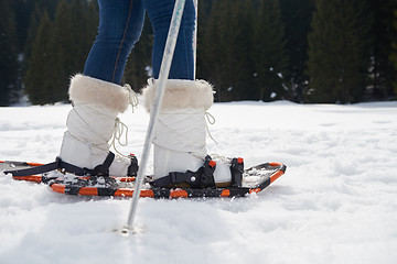 Image showing couple having fun and walking in snow shoes