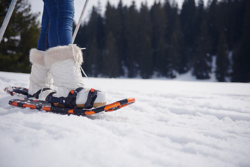 Image showing couple having fun and walking in snow shoes