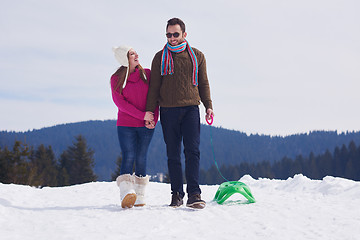 Image showing happy young couple having fun on fresh show on winter vacation