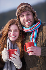 Image showing couple drink warm tea at winter
