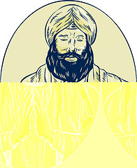 Image showing Sikh Priest Praying Front Oval Etching