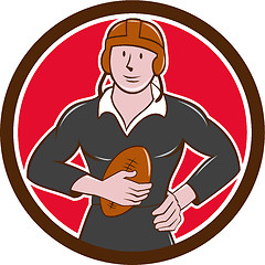 Image showing Vintage NZ Rugby Player Hold Ball Circle Cartoon