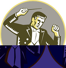 Image showing Conductor Waving Baton Circle Woodcut