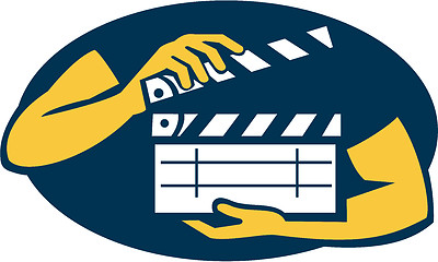 Image showing Hand Holding Movie Clapboard Oval Retro