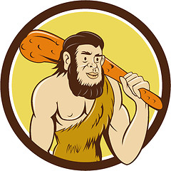 Image showing Neanderthal Man Holding Club Circle Cartoon