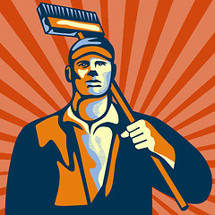 Image showing Street Cleaner Holding Broom Front Retro