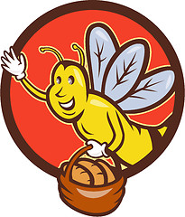 Image showing Bee Carrying Basket With Bread Circle Cartoon