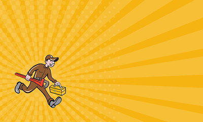 Image showing Business card Plumber Carrying Monkey Wrench Toolbox Cartoon