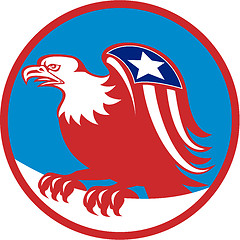 Image showing American Eagle Flag On Wing Perching Circle Retro