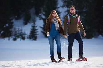 Image showing couple having fun and walking in snow shoes