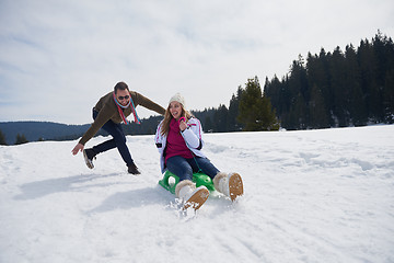 Image showing happy young couple having fun on fresh show on winter vacation