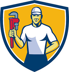 Image showing Plumber Holding Monkey Wrench Shield Retro