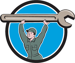 Image showing Mechanic Lifting Spanner Wrench Circle Cartoon