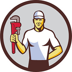 Image showing Plumber Holding Monkey Wrench Circle Retro