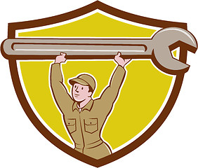Image showing Mechanic Lifting Spanner Wrench Crest Cartoon