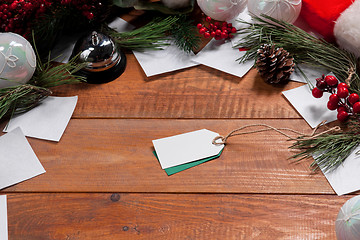 Image showing The wooden table and Christmas decoration