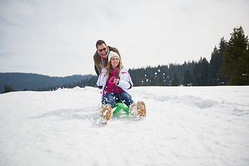 Image showing happy young couple having fun on fresh show on winter vacation