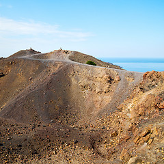 Image showing volcanic land in europe santorini greece sky and mediterranean s