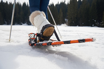 Image showing couple having fun and walking in snow shoes