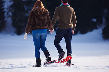 Image showing couple having fun and walking in snow shoes