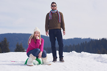 Image showing happy young couple having fun on fresh show on winter vacation