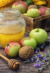 Image showing Summer still life of apples and honey