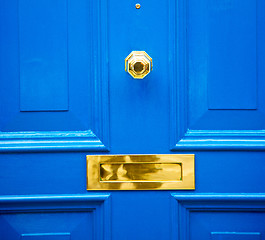 Image showing  blue handle in london antique brown door  rusty  brass nail and