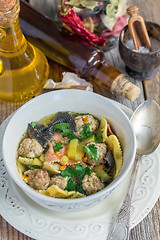 Image showing Dietary soup with pasta and meatballs turkey.