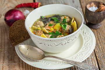 Image showing Soup with pasta and meatballs turkey.