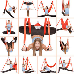 Image showing Young woman doing anti-gravity aerial yoga