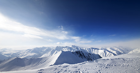 Image showing Panoramic view on snowy mountains at nice day