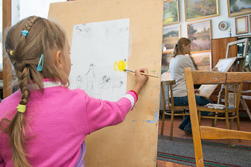 Image showing Five-year girl and mother learning to paint in the artist\'s studio