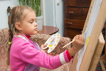 Image showing The girl draws a picture paints on an easel in the studio of the artist