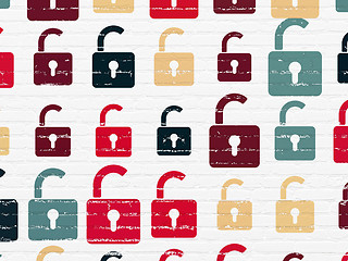 Image showing Data concept: Opened Padlock icons on wall background