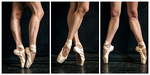 Image showing Collage of classic ballerina\'s legs in pointes on wooden floor