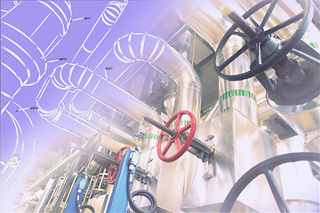 Image showing Sketch of piping design mixed with industrial equipment photo