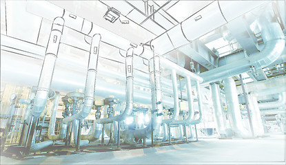 Image showing Sketch of piping design mixed with industrial equipment photo