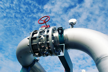 Image showing Industrial zone, Steel pipelines and valves against blue sky