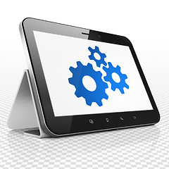 Image showing Marketing concept: Tablet Computer with Gears on display