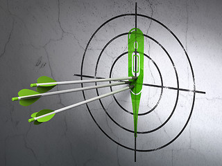 Image showing Health concept: arrows in Thermometer target on wall background