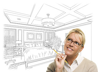 Image showing Woman With Pencil Over Bedroom Design Drawing and Photo Combinat