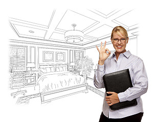 Image showing Woman with Okay Sign Over Bedroom Drawing Photo Combination