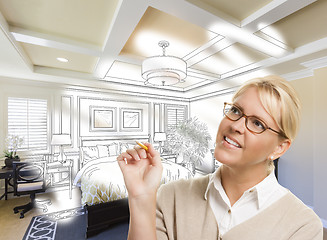 Image showing Woman With Pencil Over Bedroom Design Drawing and Photo Combinat