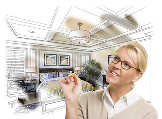 Image showing Woman With Pencil Over Bedroom Design Drawing and Photo Combinat