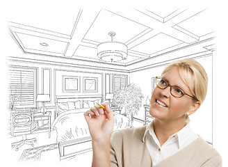 Image showing Woman With Pencil Over Custom Bedroom Design Drawing