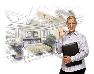 Image showing Woman with Okay Sign Over Custom Bedroom Drawing Photo Combinati