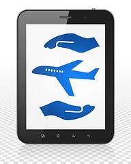 Image showing Insurance concept: Tablet Pc Computer with Airplane And Palm on display